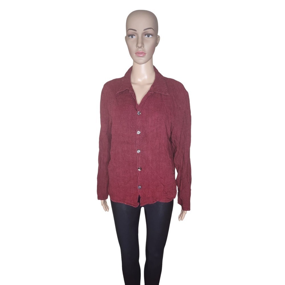 Cp shades women's maroon linen blend button down lagenlook button up shaket Sz M